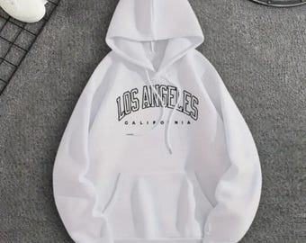 Los Angeles Grafik Hoodie, Urban Streetwear Pullover, Lässiges Langarm-Sweatshirt für Frauen, LA Letter Print Trendy Kordelzug Hoodies