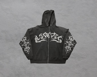 Y2K Gothic Punk, Straßen-Retro-Kleidung, Übergroßes Sweatshirt mit Flammendruck, Gothic Harajuku-Sweatshirts, Lässiges Top Loser Reißverschluss Unisex Hoodie