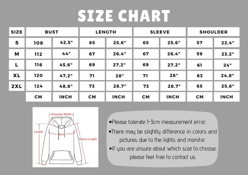 Puede incluir: Tabla de tallas para una sudadera con capucha con medidas en pulgadas y cent&iacute;metros. La tabla muestra las medidas de talla, pecho, longitud, manga y hombro para las tallas S, M, L, XL y 2XL.