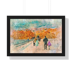 Impresión de acuarela, póster enmarcado "Paseo familiar otoñal", arte mural para decorar el hogar, acogedor salón, regalo para padres, obra de arte otoñal
