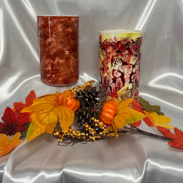 FALL DECOR! Glass Flower Vase/Candle Holder Alcohol Ink Gold Red Group 15