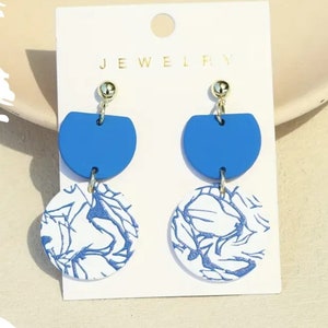 Blue Porcelain Color Round Dangle Earrings Ethnnic Minimalist Style Acrylic Jewelry Creative Gift For Her