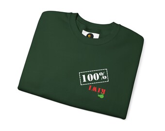 Kiwi 100% sweatshirt, funny shirt New Zealand, Kiwi upside-down logo, humorous travel shirt, kiwi statement.