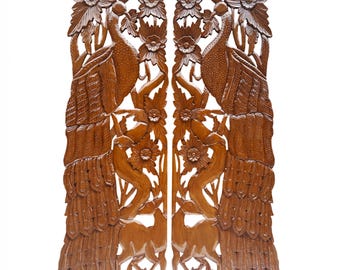Mid-Century Modern Carved Wood Wall Panels: Peacock & Deer Art, Set of 2