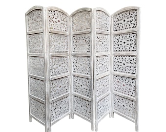 Mid century Round top Design Rustic white Wooden Folding Divider, Partition, Handmade Self standing separator