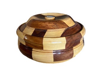 Wooden Casserole Dish, handmade Teak & maple wood Round Casserole Dual tone Roti Chapati Box with Lid , housewarming gift