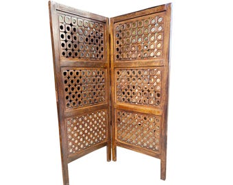 Semi Block design Wooden Folding Divider, Solid Wood Partition, Handmade Self standing separator up to 7 feet height