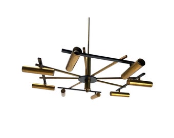 Mid century 8 Light Rare Brass Chandelier, Raw and black Brass Italian design ceiling light fixture