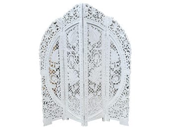 Mid century round Shape White Floral design Wooden Folding Divider, Partition, Handmade Self standing screen