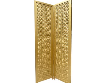 Mid-Century Wooden privacy Folding Room divider, 3D Design Gold color Self standing partition for home and office