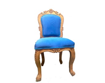 Mid century wooden Dining chair, Hand carved Blue Fabric Cushion Tufted handmade Rococo Style Chair