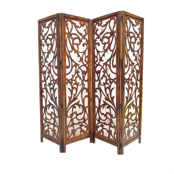 Mid century Floral design Wooden Folding Divider, Partition, Handmade Self standing screen