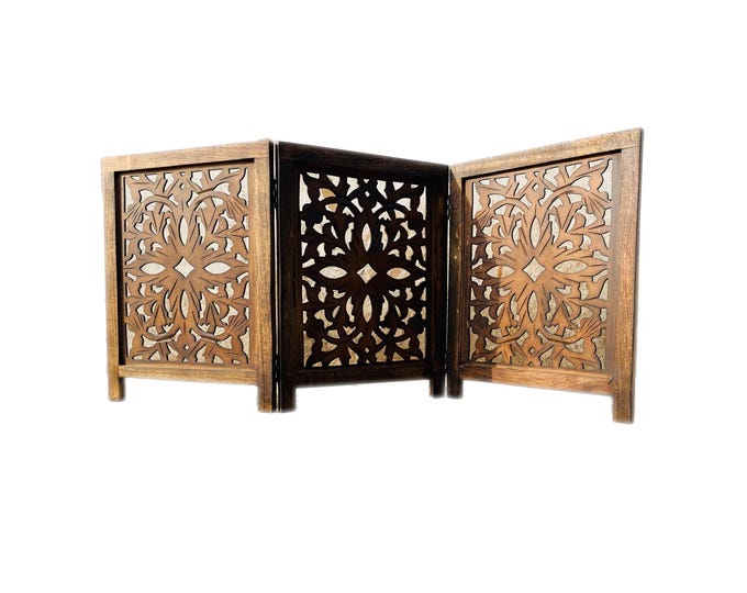 Mid century Small brown Asymmetric Wooden Folding Divider, Partition, Handmade Self standing separator for pet and baby