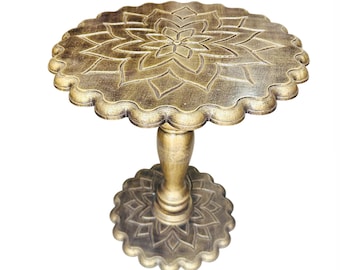 Hand Carved Mango Wood Coffee Table: lotus design rustic gold shade , folding design