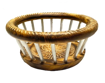 Round Wooden Basket, handmade Metal wood hand carved floral design decorative basket