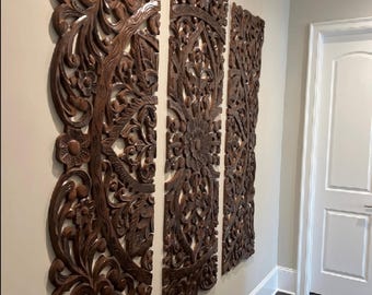 Flower Design Wooden Hanging Fixture, Large Walnut Carving Wall décor, mandola Arts