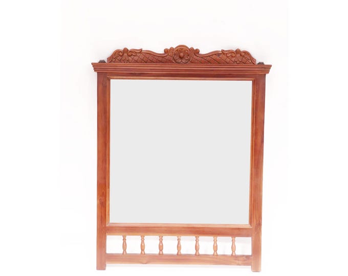 Wood carved wall mirror frame, handmade Wood wall decor mirror, Mid-century wall fixture