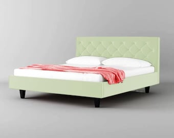 Mid century Light Green Upholstered Headboard Wooden Bed, Handmade Low post High quality Bohemian Bed Frame
