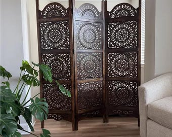 Mid century Brown Round Carving design Wooden Folding Divider, Partition, Handmade Self standing screen up to 7 feet