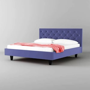 Mid century Purple Upholstered Headboard Wooden Bed, Handmade Low post High quality Bohemian Bed Frame