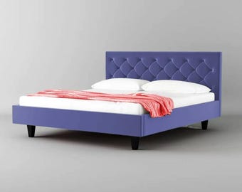Mid century Purple Upholstered Headboard Wooden Bed, Handmade Low post High quality Bohemian Bed Frame