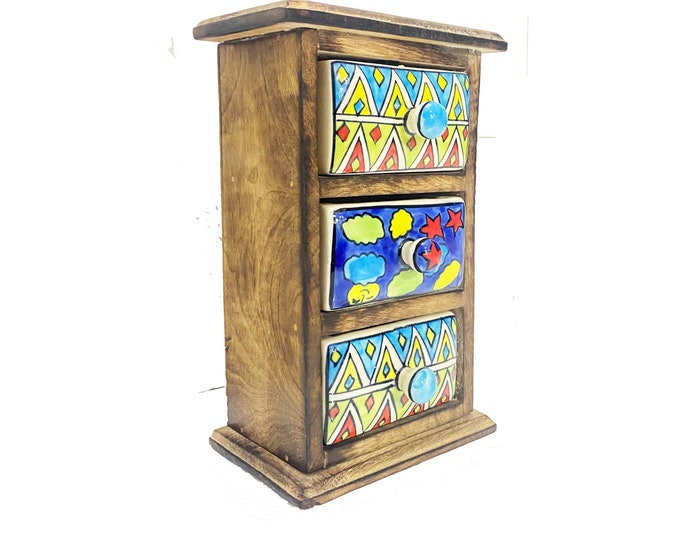 mid century 3 Drawer shelf, handmade wooden shelf with ceramic drawer