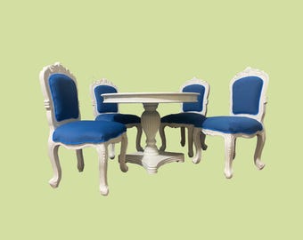 Mid century wooden Dining Table chair, Hand carved Blue Fabric Cushion Tufted handmade Rococo Style Round table in Off White