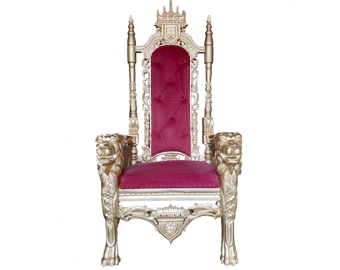 Medieval Gold and red King Lion Throne Accent High Back Medieval Chair, Cushion Tufted handmade Rococo Style Chair