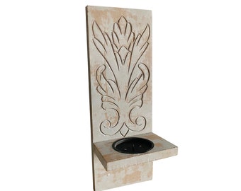 Mid century Rustic White Wooden Pallet Carving Wall Mount Candle Holder Fixture