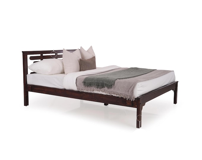 Slatted Headboard Modern Wooden Bed, Handmade Low post High quality Bohemian Bed Frame