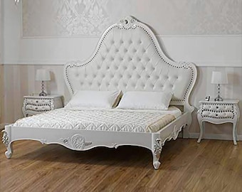 White & silver giltwood bed in the Louis XV style Low post High quality Tufted Bohemian Rococo Style Bed Frame