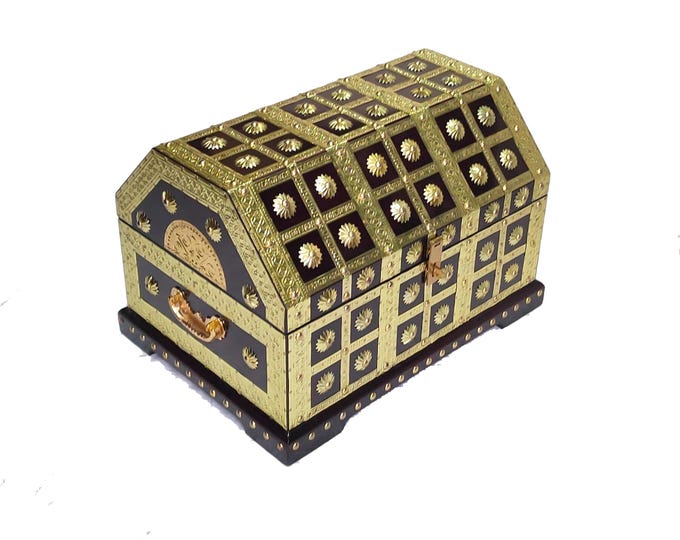 Decorative hand carved Wooden Brass chest box, handmade wooden treasure chest Storage trunk, medium size beautiful house warming gift