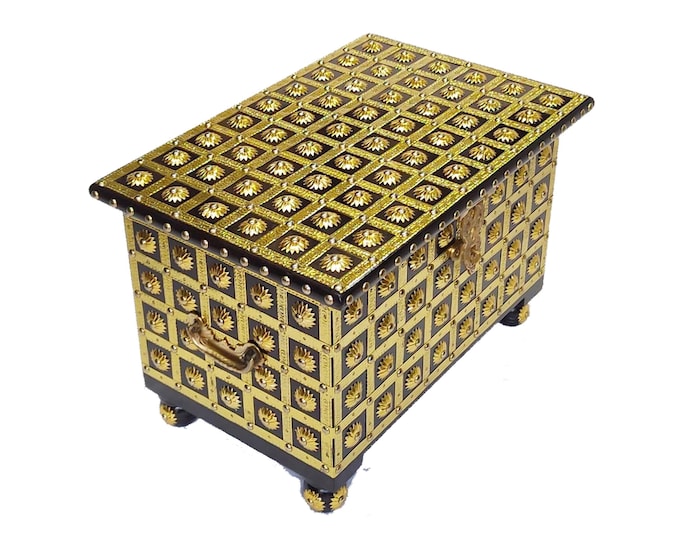 Hand Carved Wooden Brass Decorative  chest box 18 x 12 inches, beautiful house warming gift, handmade wooden treasure chest Storage trunk
