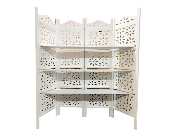 Mid century Flower Design folding partition with shelf, handmade home furniture for home décor, White wooden screen
