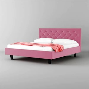 Mid century Pink Upholstered Headboard Wooden Bed, Handmade Low post High quality Bohemian Bed Frame
