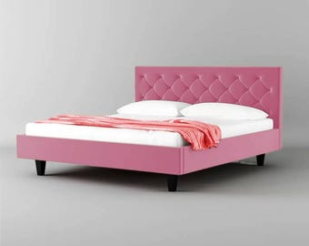Mid century Pink Upholstered Headboard Wooden Bed, Handmade Low post High quality Bohemian Bed Frame