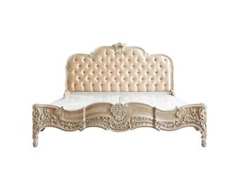 Handmade giltwood Rose bed in the Louis XV style Low post High quality Tufted Bohemian/ rattan cane Rococo Style Bed Frame