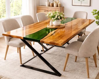 Live Edge Teak Wood Epoxy River Dining Table, Custom Size, High Gloss Finish