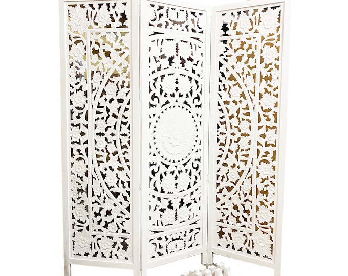 3 Panel Flower Design Partition, Handmade Wooden Folding screen Partition