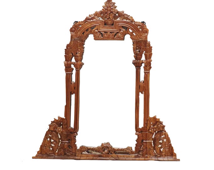 Wood Wall Hanging Hand carved Mirror Frame, handmade Wood wall decor mirror, Mid-century wall fixture