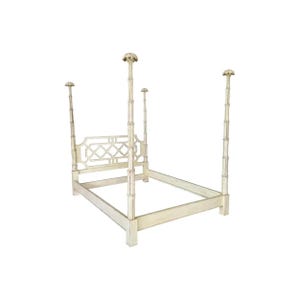 Mid century Modern Carved Rustic White Four-Poster King/Queen Size Bed, Handmade Low post High quality Bohemian Bed Frame