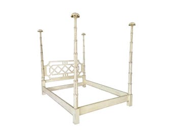 Mid century Modern Carved Rustic White Four-Poster King/Queen Size Bed, Handmade Low post High quality Bohemian Bed Frame