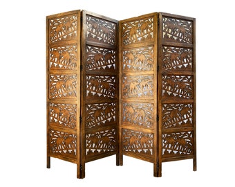 Mid century Elephant carving Design Wooden Folding Divider, Partition, Handmade Self standing separator