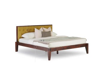 Turner Solid Wood Dark oak finish Tufted Upholstered Modern Wooden Bed, Handmade Low post High quality Bohemian Bed Frame
