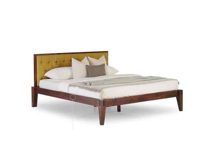 Turner Solid Wood Dark oak finish Tufted Upholstered Modern Wooden Bed, Handmade Low post High quality Bohemian Bed Frame