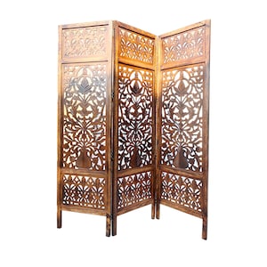 Mid century Modern Wooden Folding Divider, Mesh design Partition, Handmade Self standing separator