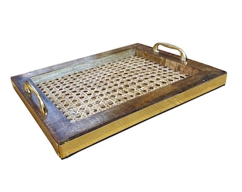wood Cane Tray, Rectangular Tray With Brass handles, handmade Wooden Mid-Century coffee table décor