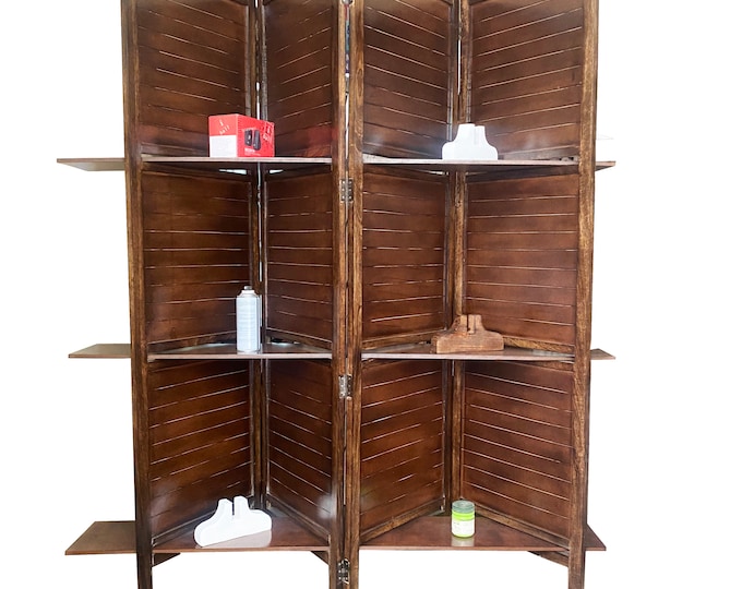 Mid century folding partition with shelf, handmade home furniture for home décor, brown wooden screen