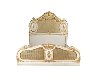 Majestic Baroque Bed Teak Wood bed Frame , Handmade Cane Knitted wooden Low post High quality Bohemian Bed Frame