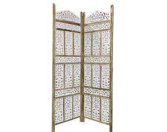 Mid century White brown frame Wooden Folding Divider, Partition, Handmade Self standing separator